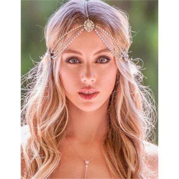 YERTTER Rhinestone Tassel Wedding Brides Women Iced Out Head chain Hair